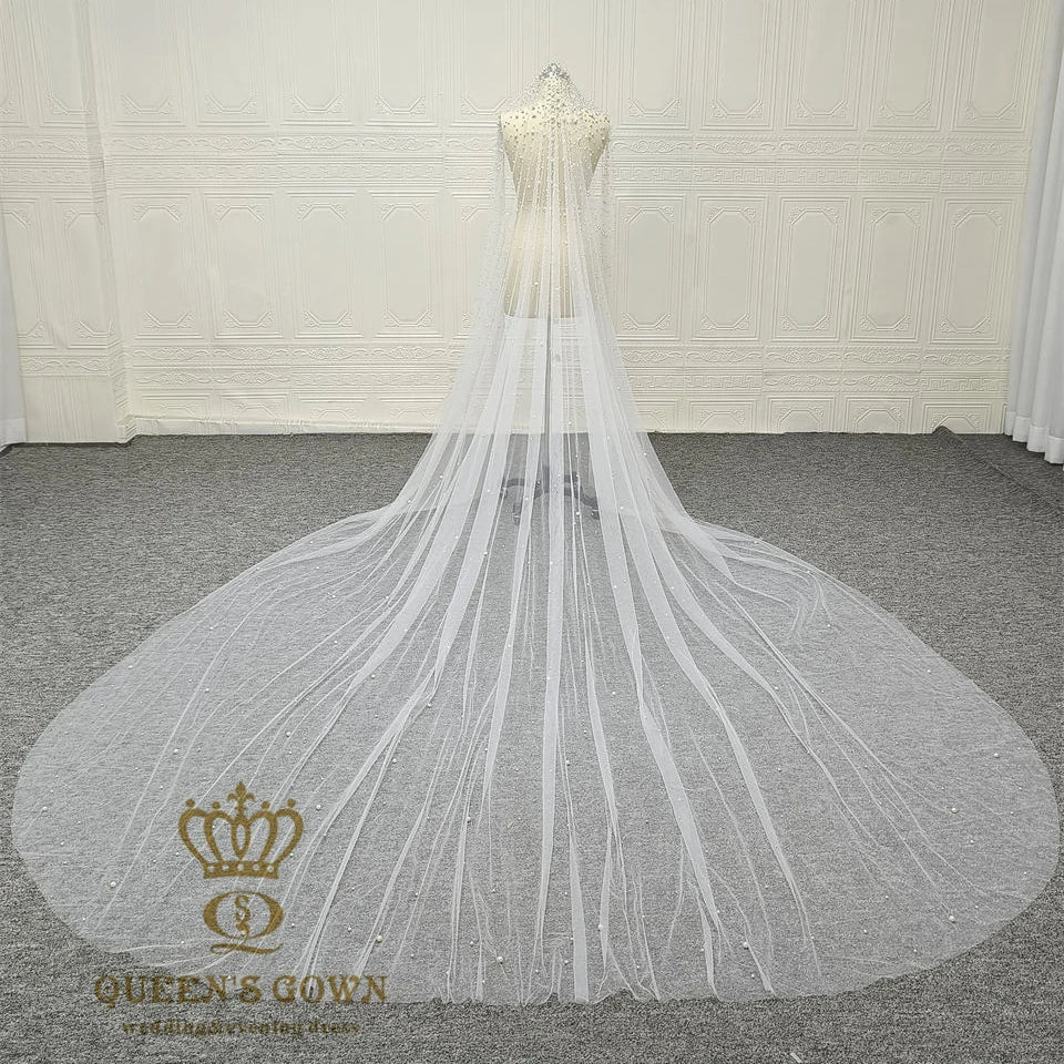 QUEENSGOWN Luxury Pearl Veil Full Pearl Beaded Tulle Veil for Wedding Dress Vintage Bridal Veil With Pearl Long Tail With Comb