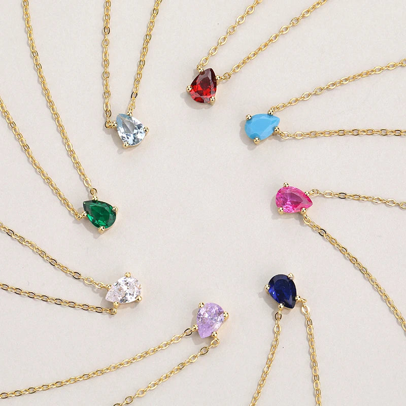 925 Sterling Silver Birth Stone Jewelry 18K Gold Plated 12 Colors Zircon Birthstone Water Drop Shape Pendant Necklace