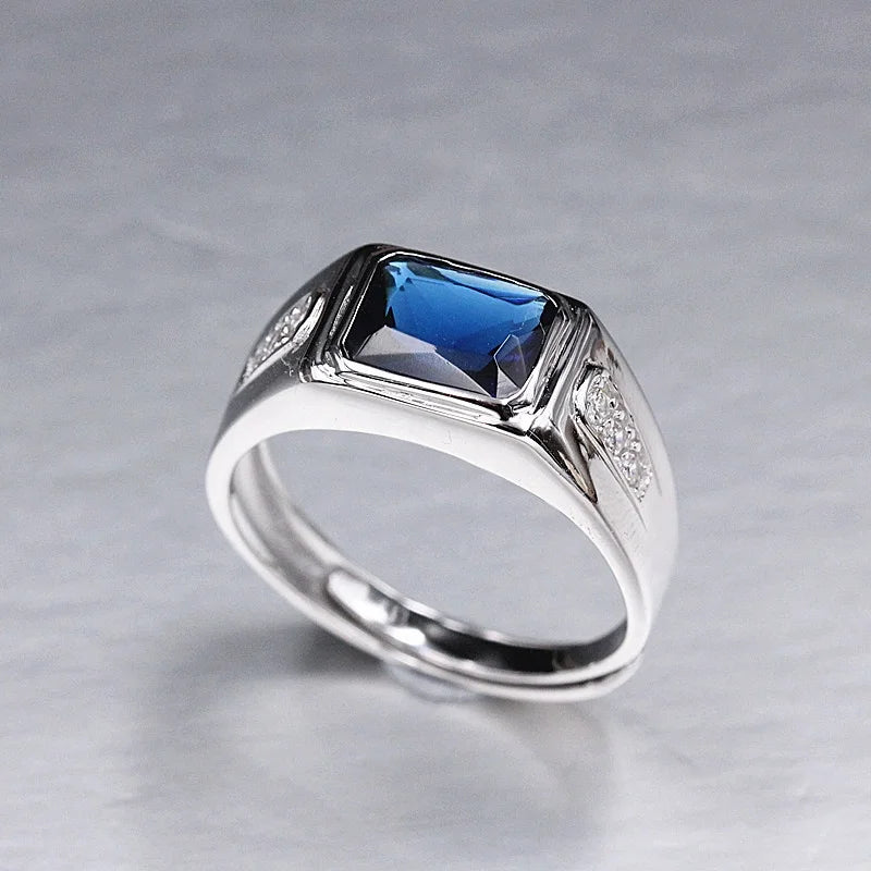 Classical 925 Sterling Silver Solitaire Men's Wedding Ring Blue Zircon Diamond Set Square Rectangle Blue Zircon Diamond Parties