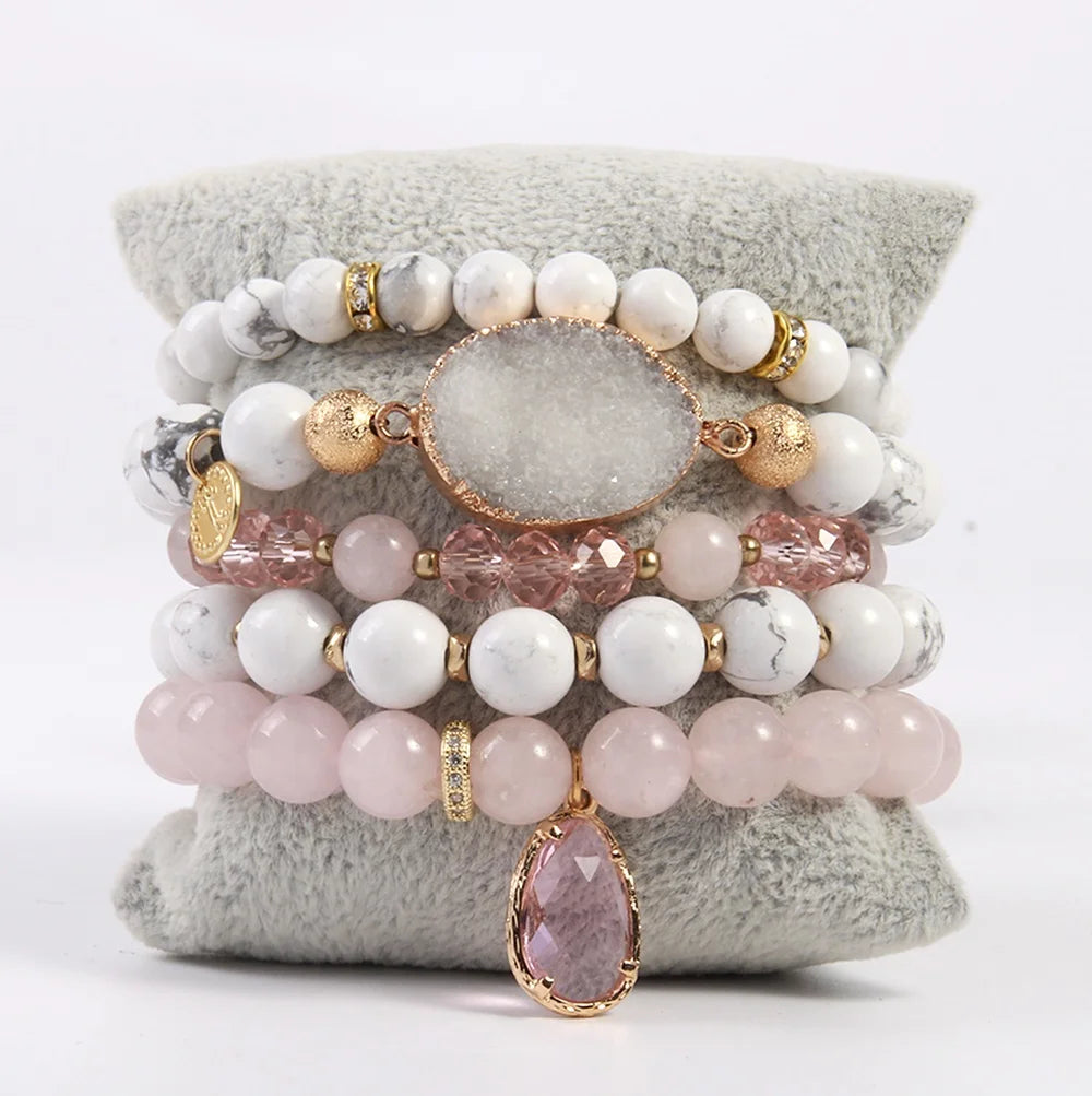 Women Designer Beautiful 5pc Elastic Beaded Bracelet Set Natural Turquoise Stretch Druzy Cubic Zircon Stack Bracelets Sets