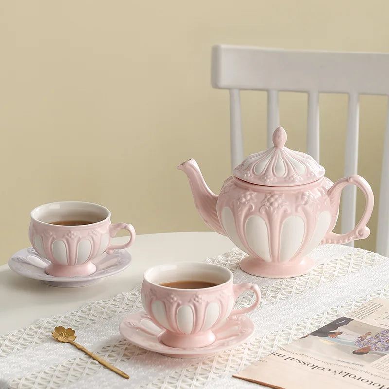 British Retro Cream Ceramic Coffee & Tea Set Embossed Simple Creative European Custom Cup & Kettle for Afternoon Tea