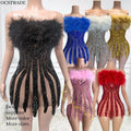 Ocstrade Mesh Soft Birthday Wear Women Dress Rhinestone Off Shoulder Feather Mini Dress Glittering Nightclub Crystal Party Dress