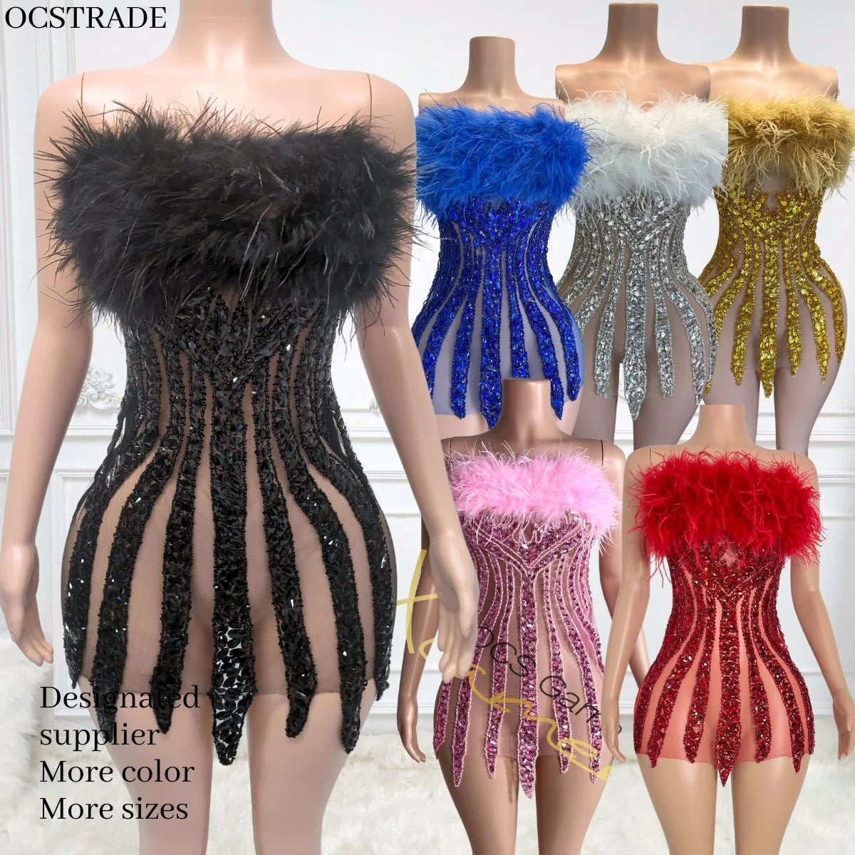 Ocstrade Mesh Soft Birthday Wear Women Dress Rhinestone Off Shoulder Feather Mini Dress Glittering Nightclub Crystal Party Dress