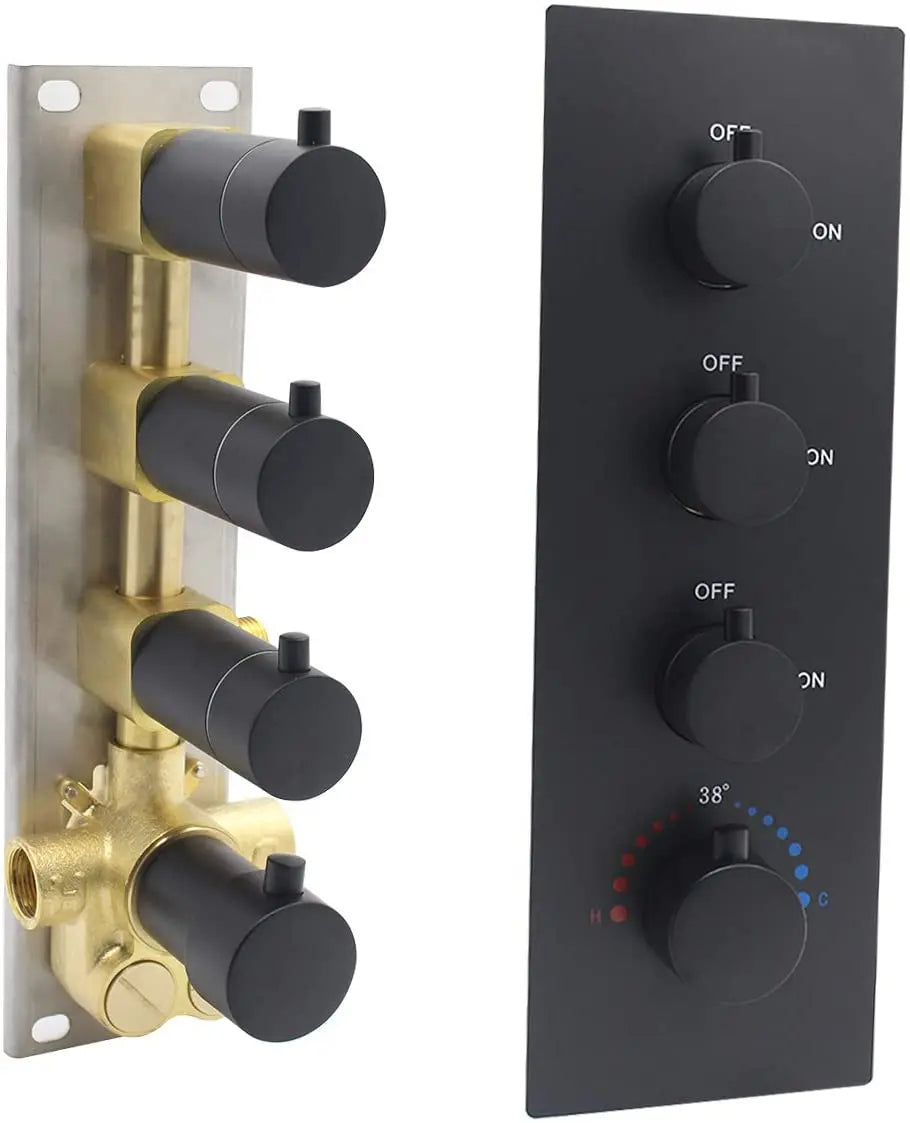 3 Function Brass Shower Diverter Thermostatic Valve Pressure Balanced Mixer with Trim in Matte Black