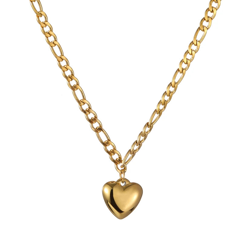 18K Gold Plated Waterproof Figaro Chain Necklace Stainless Steel Smooth Heart Pendant Necklace for Women Gift Classic Jewelry