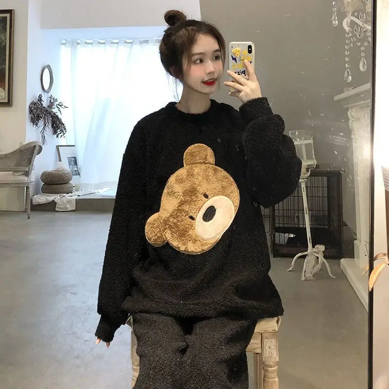 Cute Cartoons Warm Autumn Winter Women Pyjamas Sets Thick Flannel 2pcs Long Sleeve Sleepwear Girl's Velvet Homewear