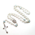 Christian Imitation Glass Pearl Rosary with Long Zinc Alloy Cross Pendant Beads Chain Necklace