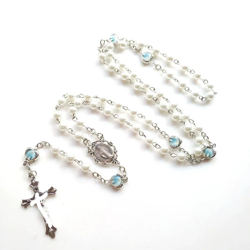 Christian Imitation Glass Pearl Rosary with Long Zinc Alloy Cross Pendant Beads Chain Necklace