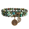 African Turquoise Double Strand Beaded Bracelet with Tree of Life and Leaf Charm Healing Crystal Yoga Jewelry