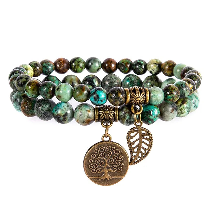 African Turquoise Double Strand Beaded Bracelet with Tree of Life and Leaf Charm Healing Crystal Yoga Jewelry