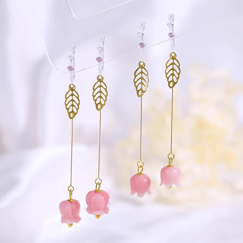 Exquisite Luxury Versatile Long Temperament Drop Earrings New High-End Glass Flower Lily of Valley Jewelry Fashionable Accessory