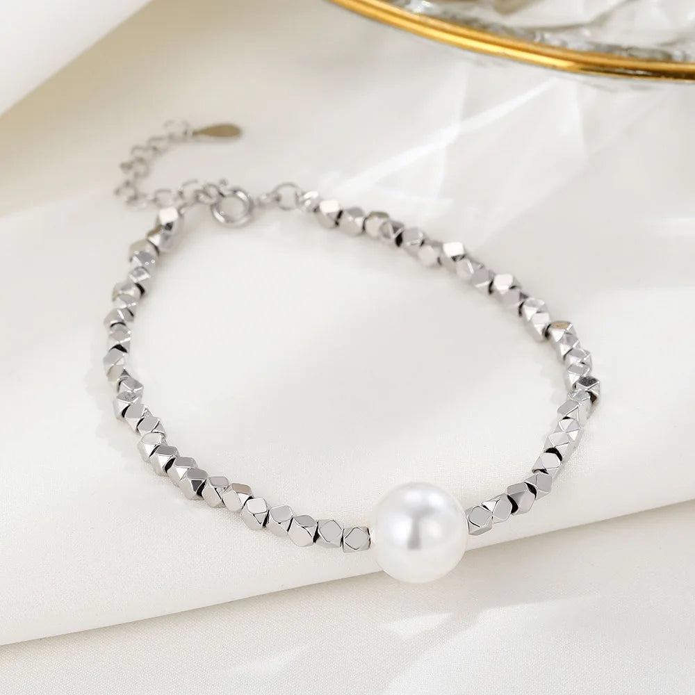 Handmade 925 sterling silver geometric polyhedral silver beads bracelet personalized cut side square beads pearl bracelet