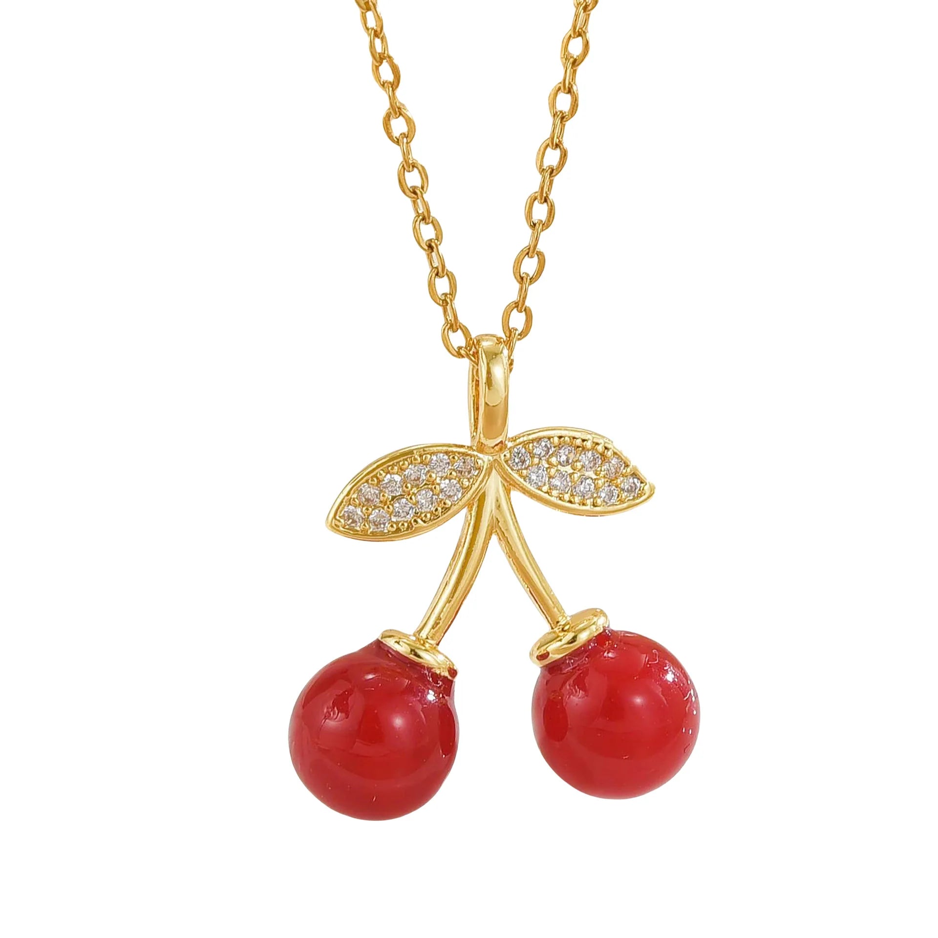 G4022 Wholesale Dainty Red Cherry Pendant Necklace Copper Charm Stainless Steel Chain Necklace for Women Fashion Jewelry
