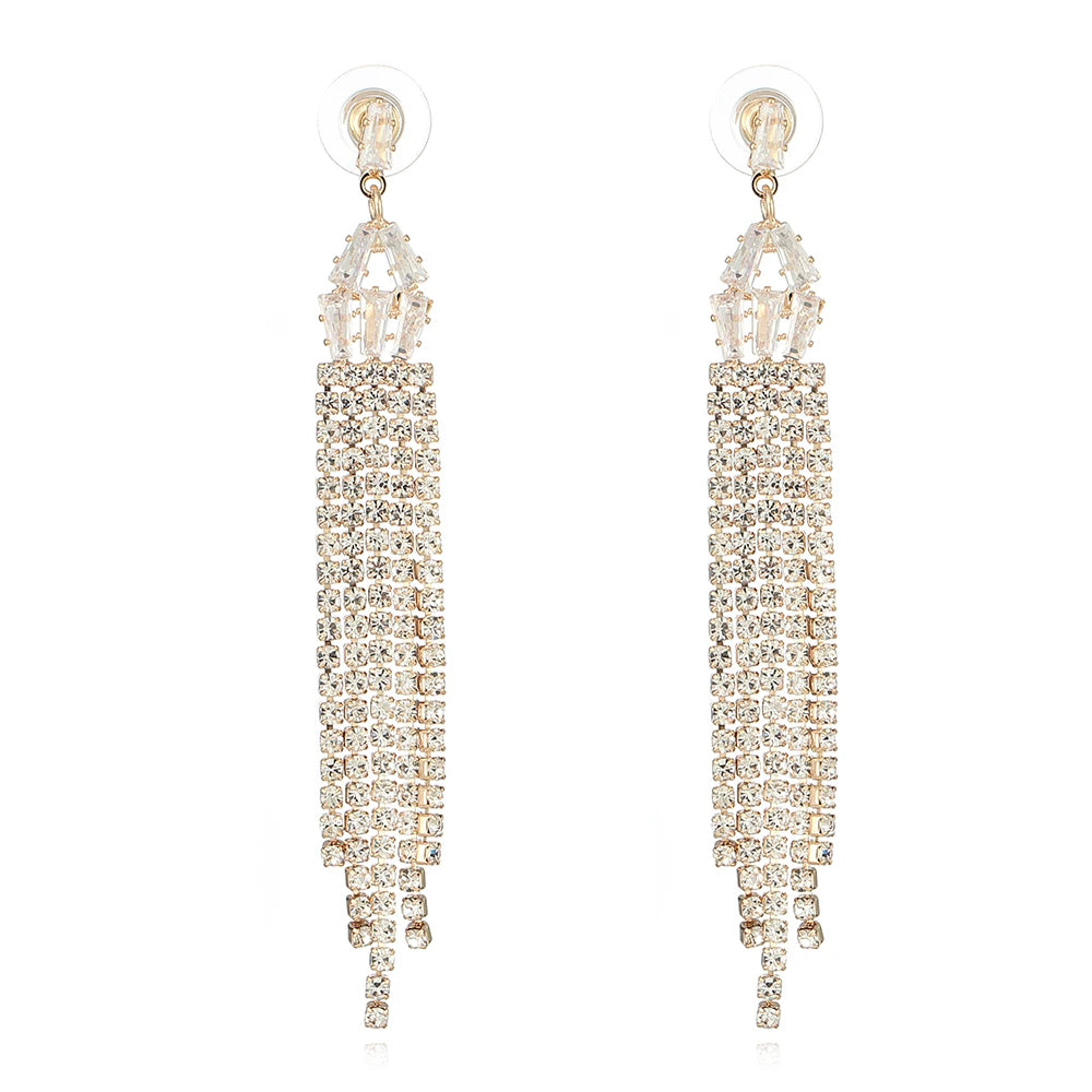Women's Geometric Gold-Plated Long Tassel Dangle Earrings Copper Drop Earrings Crystal Rhinestone Trendy Fashion Bride Wedding