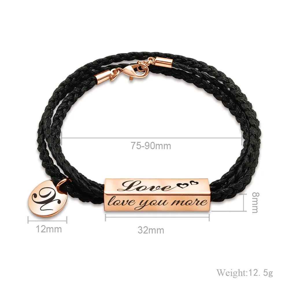 Customized Logo Name Date Engraving Rose Gold Rectangle Round Charm Leather Bracelet