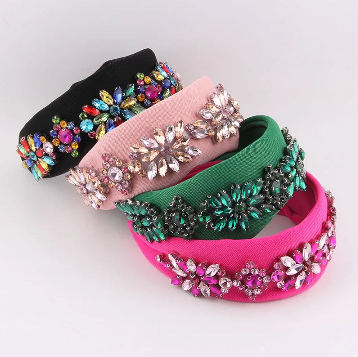 New Wide Edge Rhinestone Flower Fabric Headband for Women Girls Hair Accessories