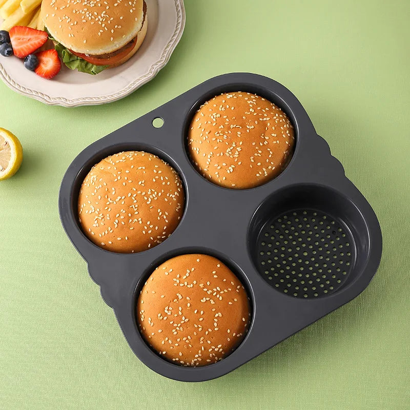 New Silicone Hamburger Bun Mold 4 Cavity Loaf Pan Non Stick Baking Pan Easy to Release Household DIY Silicone Baking Tools