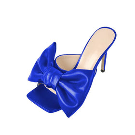 Plus Size 41-46 Blue PU Leather Shoes Square Toe Thin Heels Mules Summer Bowknot High Heels Shoes Women Sandals