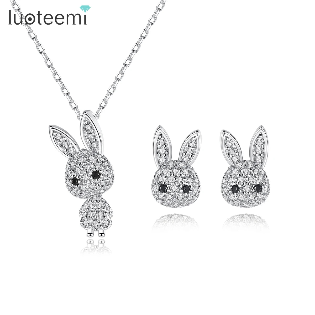 LUOTEEMI Cute Rabbit Girls Jewelry Sets Tiny CZ Paved Stud Earrings and Pendant Necklace Set