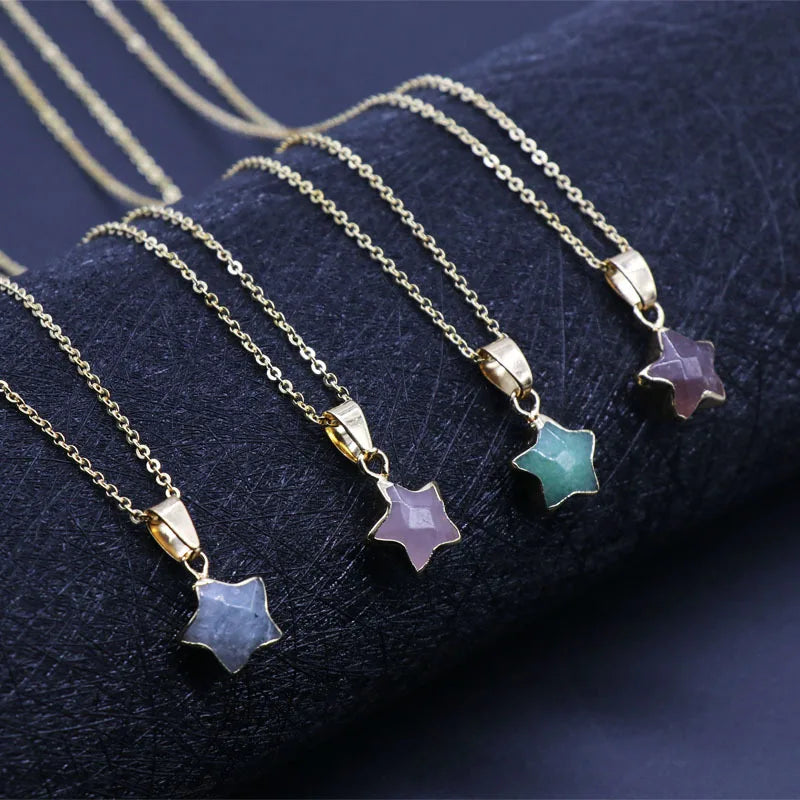 Trendy Natural Semi-precious Stone Five Point Star Pendant Healing Crystals Gemstone Necklace for Women Simple Jewelry