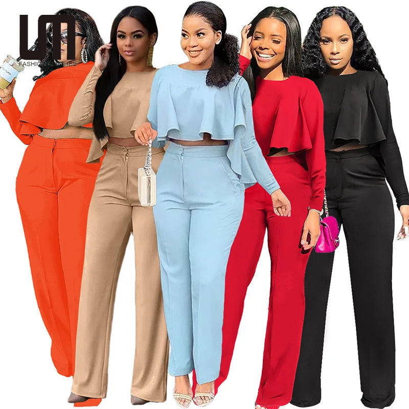 Liu Ming Wholesale Casual Two Piece Women Round Neck Long Sleeves Irregular Tops Loose Baggy Pants Ladies Trousers Set