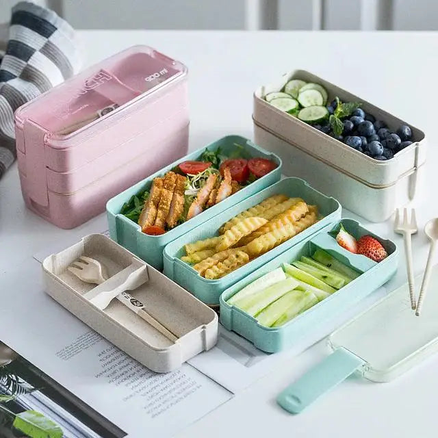 Bento Box Kids Lunch Box Wheat Straw Lunch Bento BPA-Free Microwave Safe School Children 3 Layer Lunch Box for Kids Adult