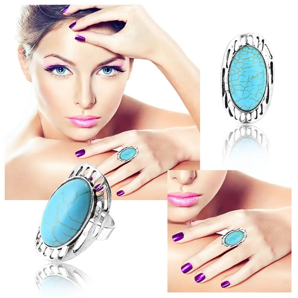 Women's Fashion Created-Turquoise Ring Silver Alloy Oval Gemstone CAB Knuckle Vintage Bohemian Joint Knot Party Daily Rings