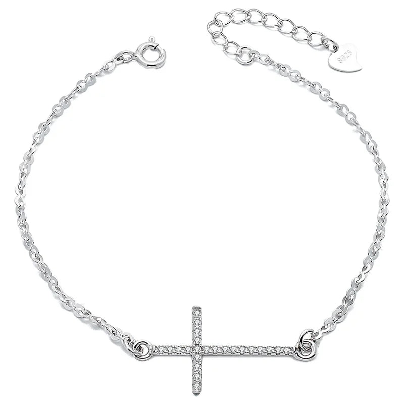 S925 Rhodium Plated Cross Bracelet Christian Jewelry Bracelet 925 Sterling Silver