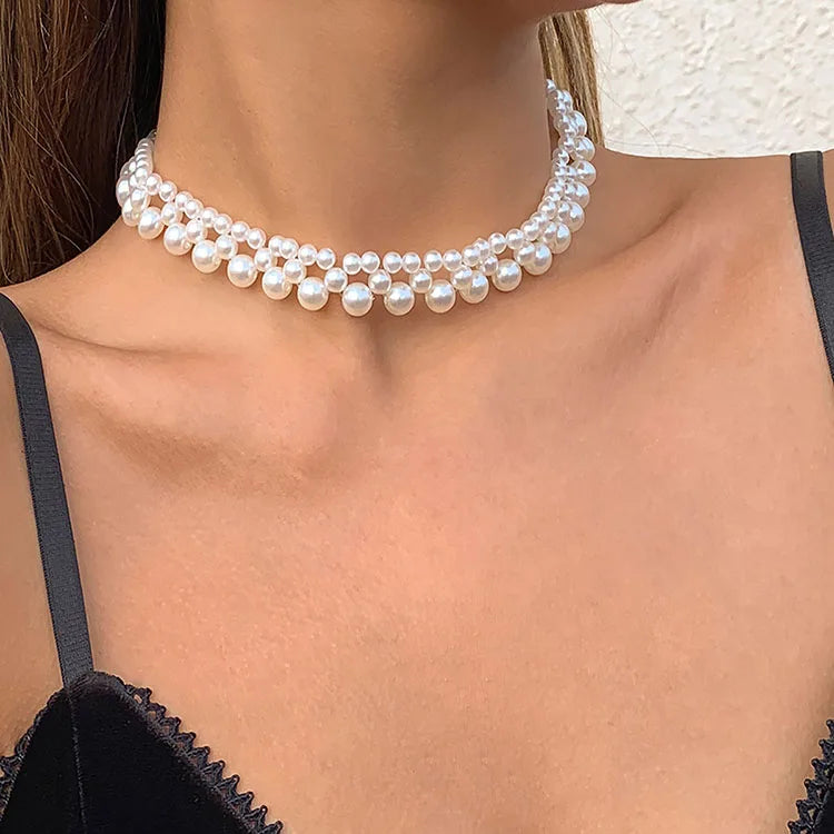 SC European American Gold Necklace Woven Round Bead Chain Retro Clavicle Necklace Baroque French Imitation Pearl Necklace
