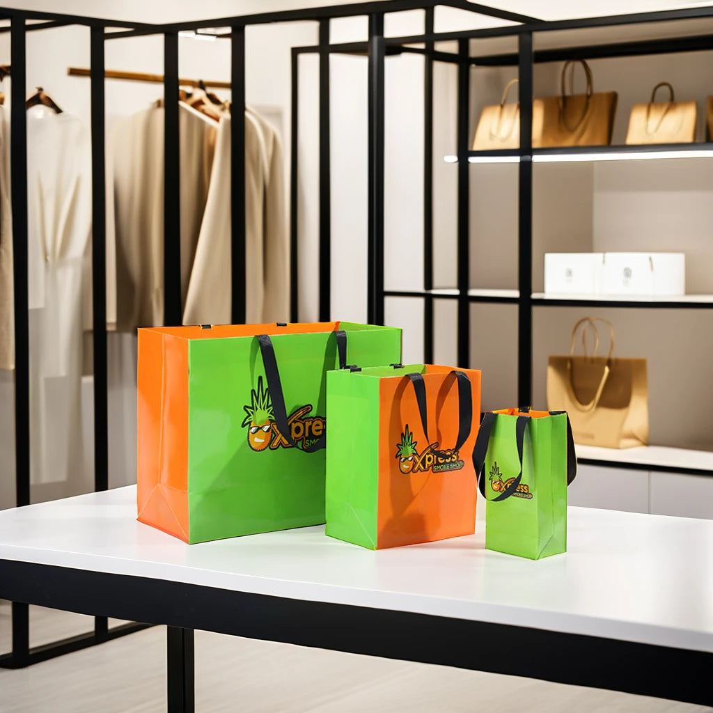 Vibrant Green & Orange Gloss Lamination Custom Paper Bag Print Pineapple Logo Gift Bag Retail Lifestyle Brand Packaging Solution