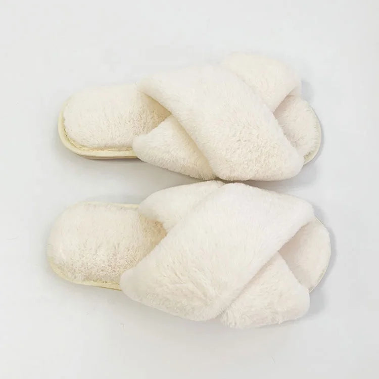 Wholesale Comfortable Indoor Anti-Slip Faux Fur Plush Slippers for Women Cozy Cross Strap with Soft Fleece Lining for Spring MegaBDM