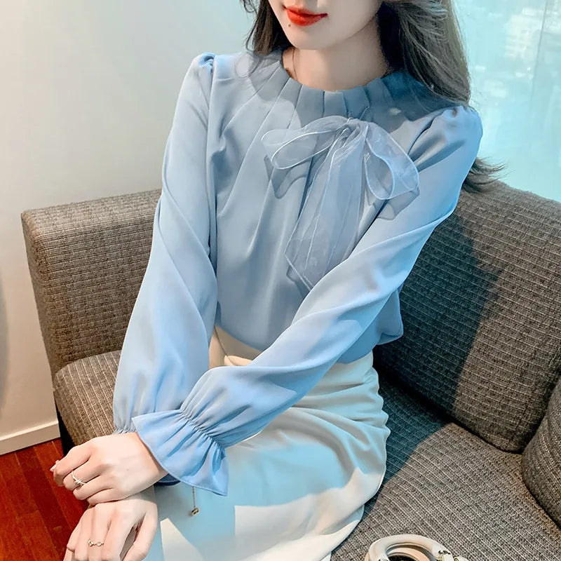 8680# Solid Elegant Korean Style Chiffon Blouse for Women Loose Fit with Belt Decoration Anti-Wrinkle for Office
