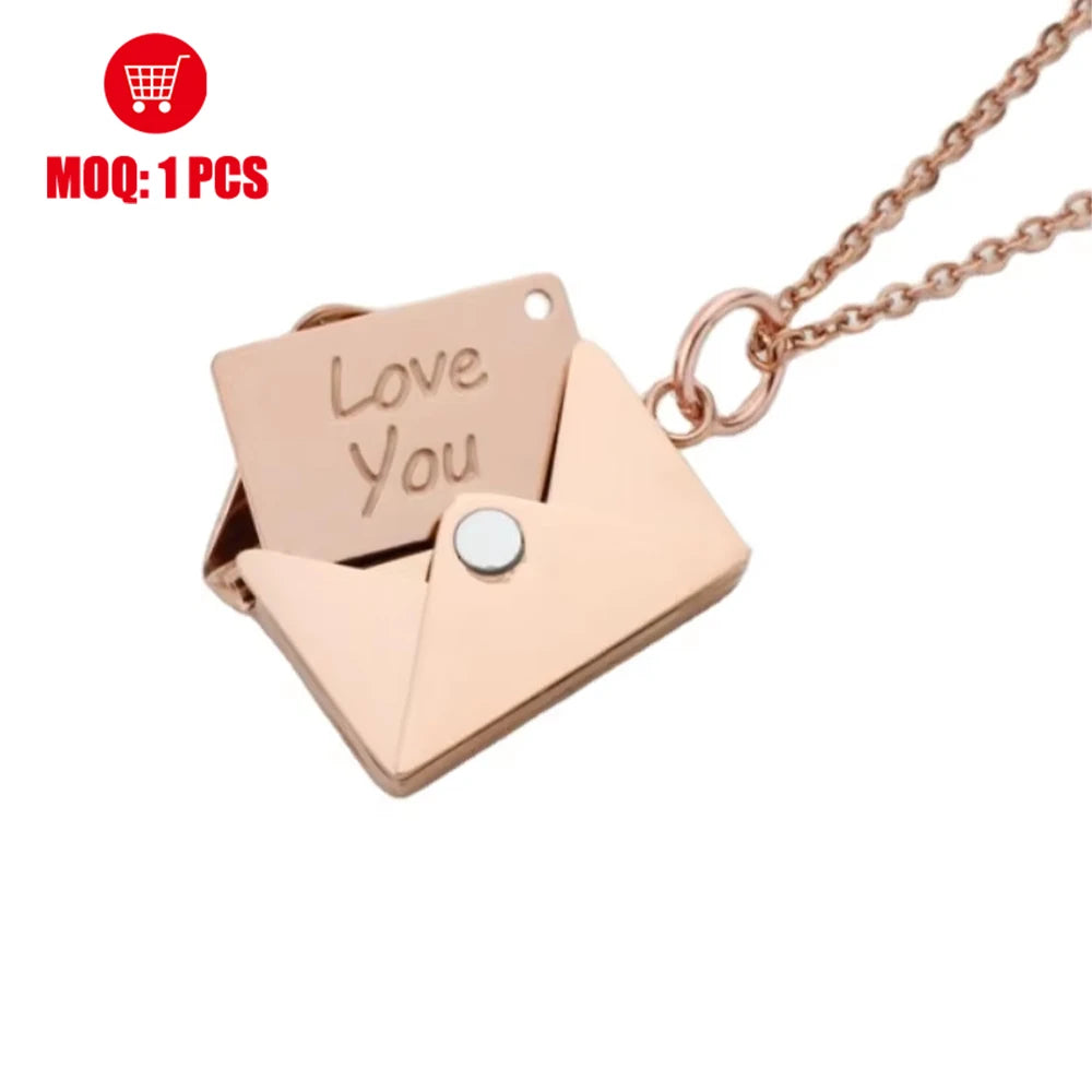 CE Custom Photo Logo Personalization 304 Stainless Steel Love You Letter Pendant Blanks Envelope Locket Charm Necklace for Women