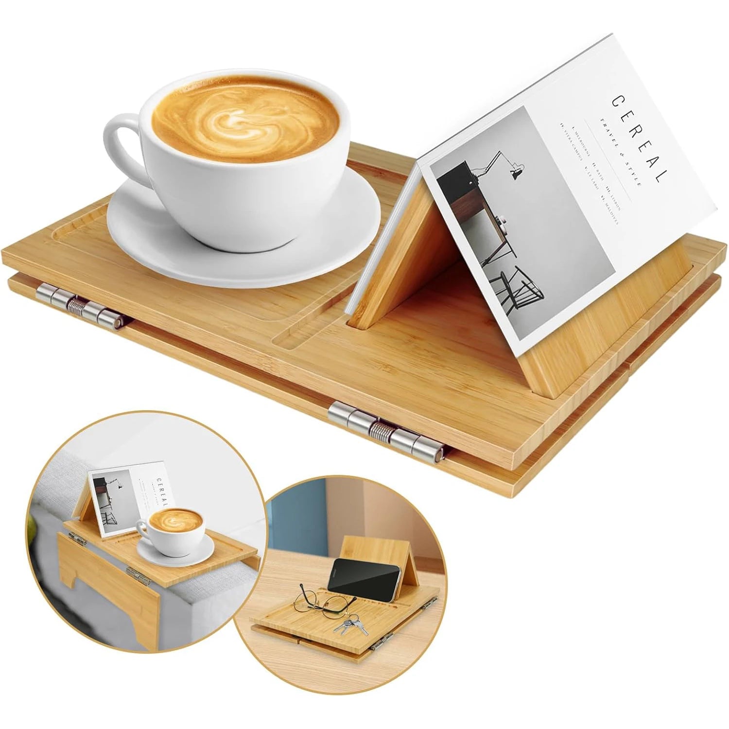 Foldable Natural Bamboo Couch Sofa Armrest Tray with Book Stand Holder for Food Drinks Snacks