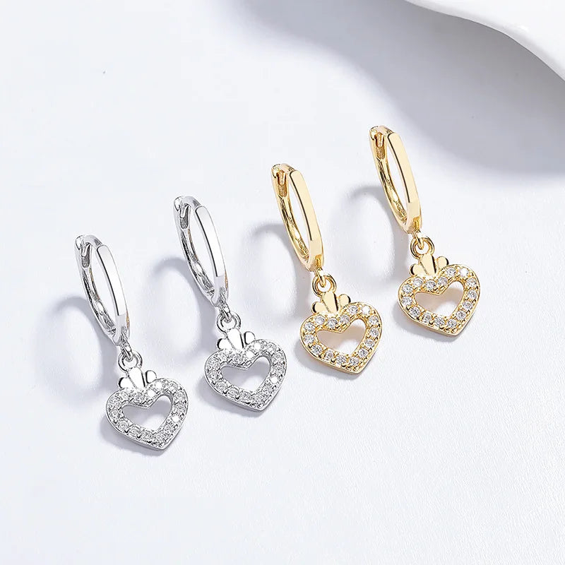 Fashion Jewelry 925 Sterling Silver Earrings Hollow Heart Diamond Zircon Gold Plated Hoop Earrings for Women Valentine's Day