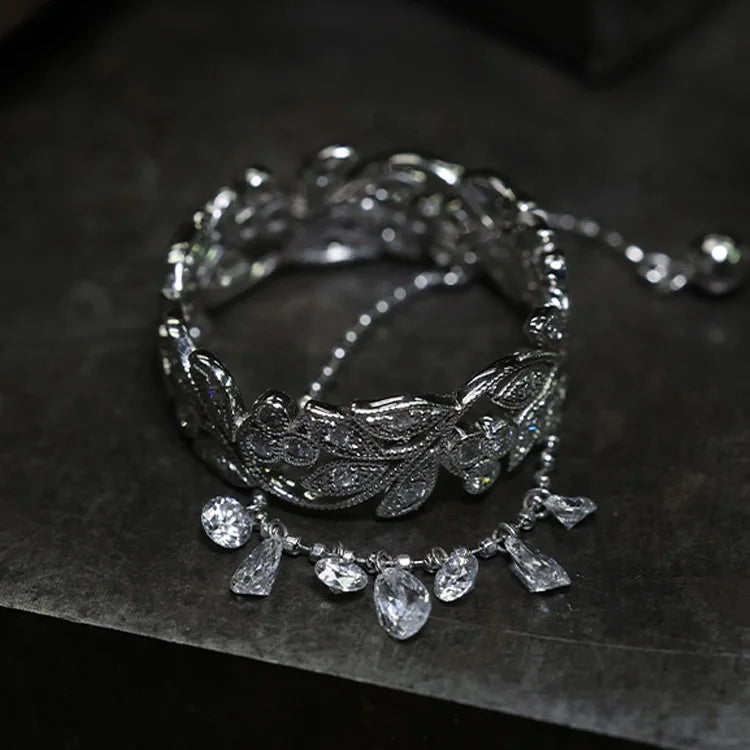 Flower Vine Design Drop Diamond Two Ring Together Newest Women Collocation Jewelry Finger Gift Everyday Rings