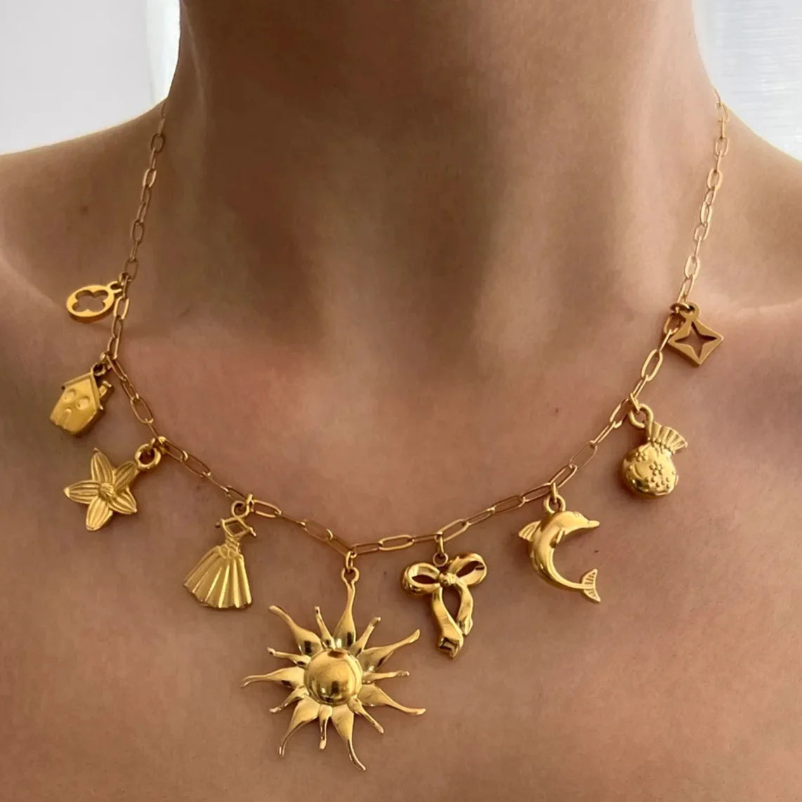 Popular Vintage Gold DIY Stainless Steel Summer Beach Chokers Trendy Fish Starfish Shell Initial Jewelry Accessories Necklace