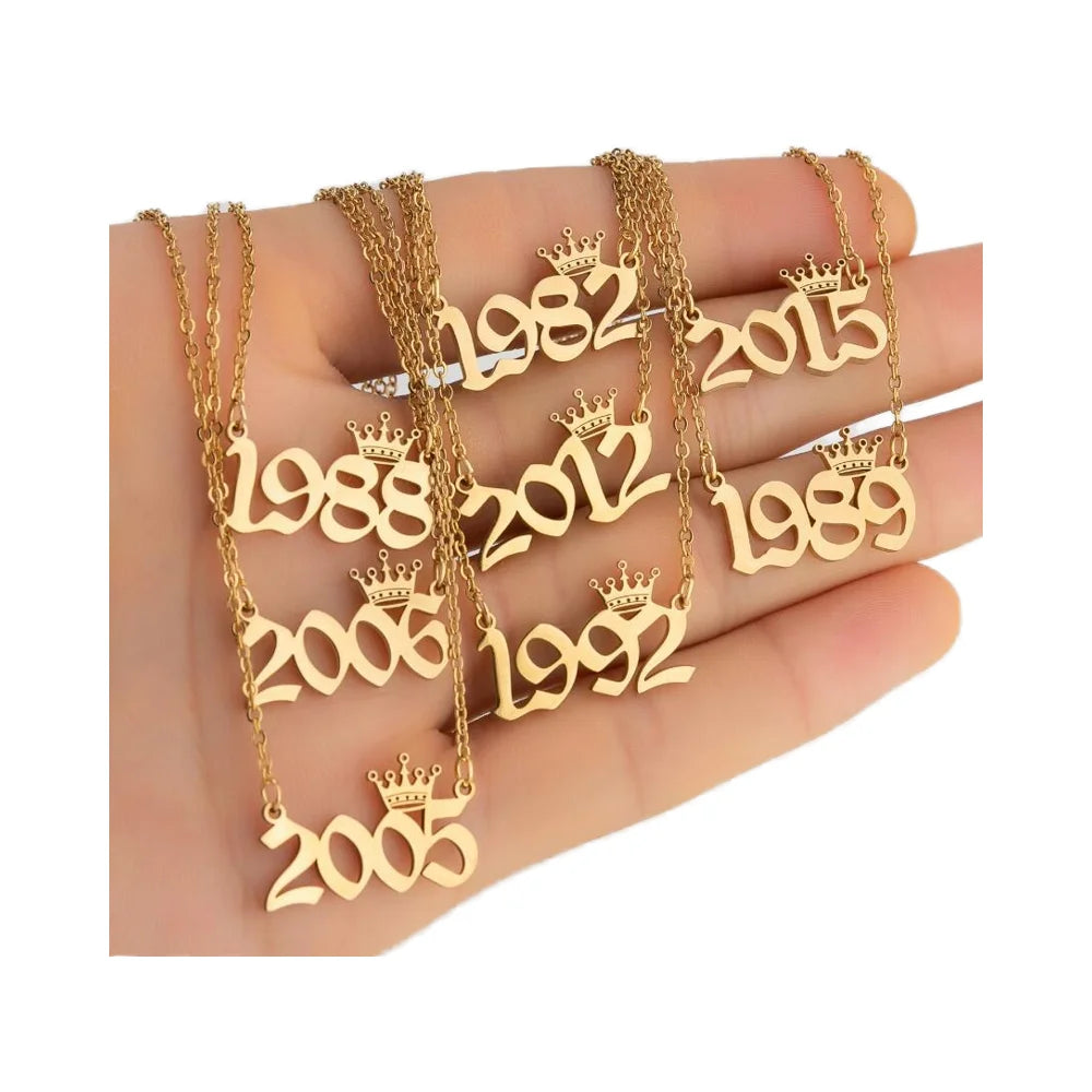 Ready to Ship Custom 1980-2019 Year Necklace Stainless Steel Crown Old English Rhodium Plated Wedding Occasion Birthday Gifts