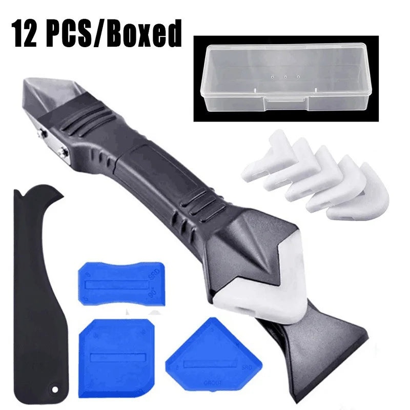 Epsilon 12Pcs 3 in 1 Silicone Caulking Tools  Glass Glue Angle Scraper Adhesive Residue Scraper Seam Repair Tool Kit Metal Head