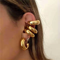 Fashion Tarnish Free Hollow Tube Hoop Earrings 18k Gold Plated Stainless Steel Non Pierced 10mm Wide Chunky Ear Cuff for Women