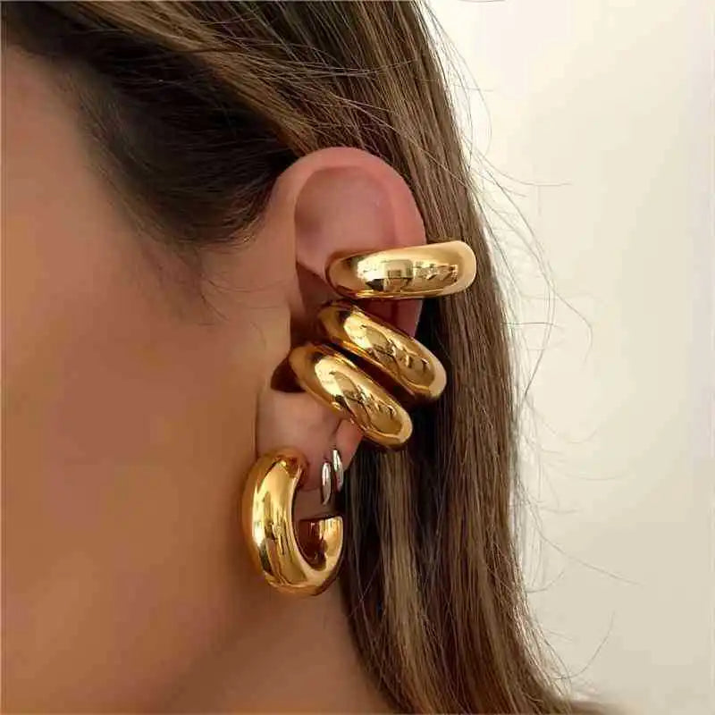 Fashion Tarnish Free Hollow Tube Hoop Earrings 18k Gold Plated Stainless Steel Non Pierced 10mm Wide Chunky Ear Cuff for Women