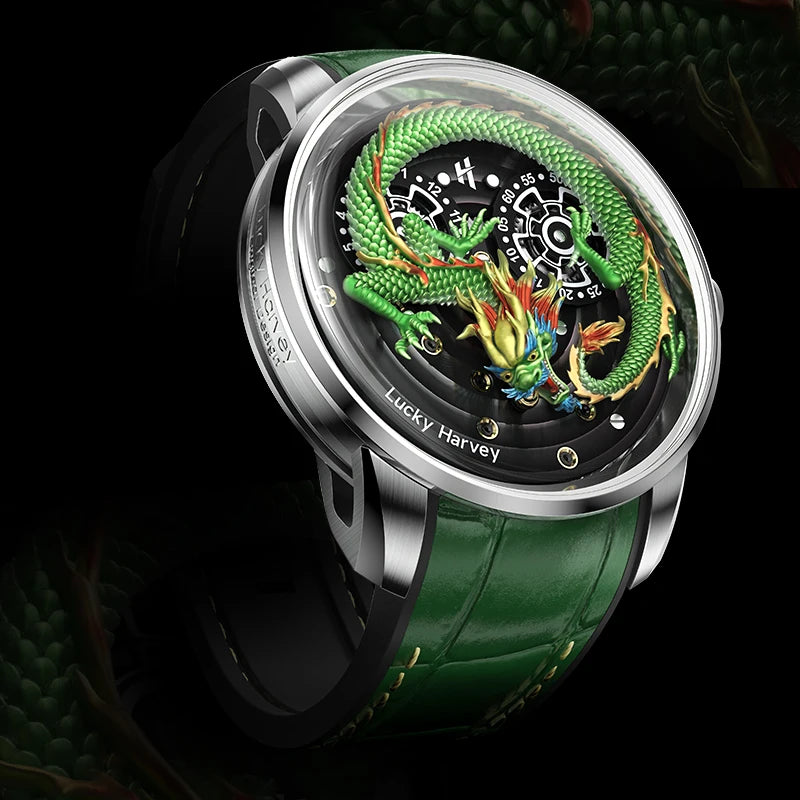Lucky Harvey Dragon Watch Men Luxury Unique Stainless Steel Hollow Out Automatic Mechanical Wrist Watches