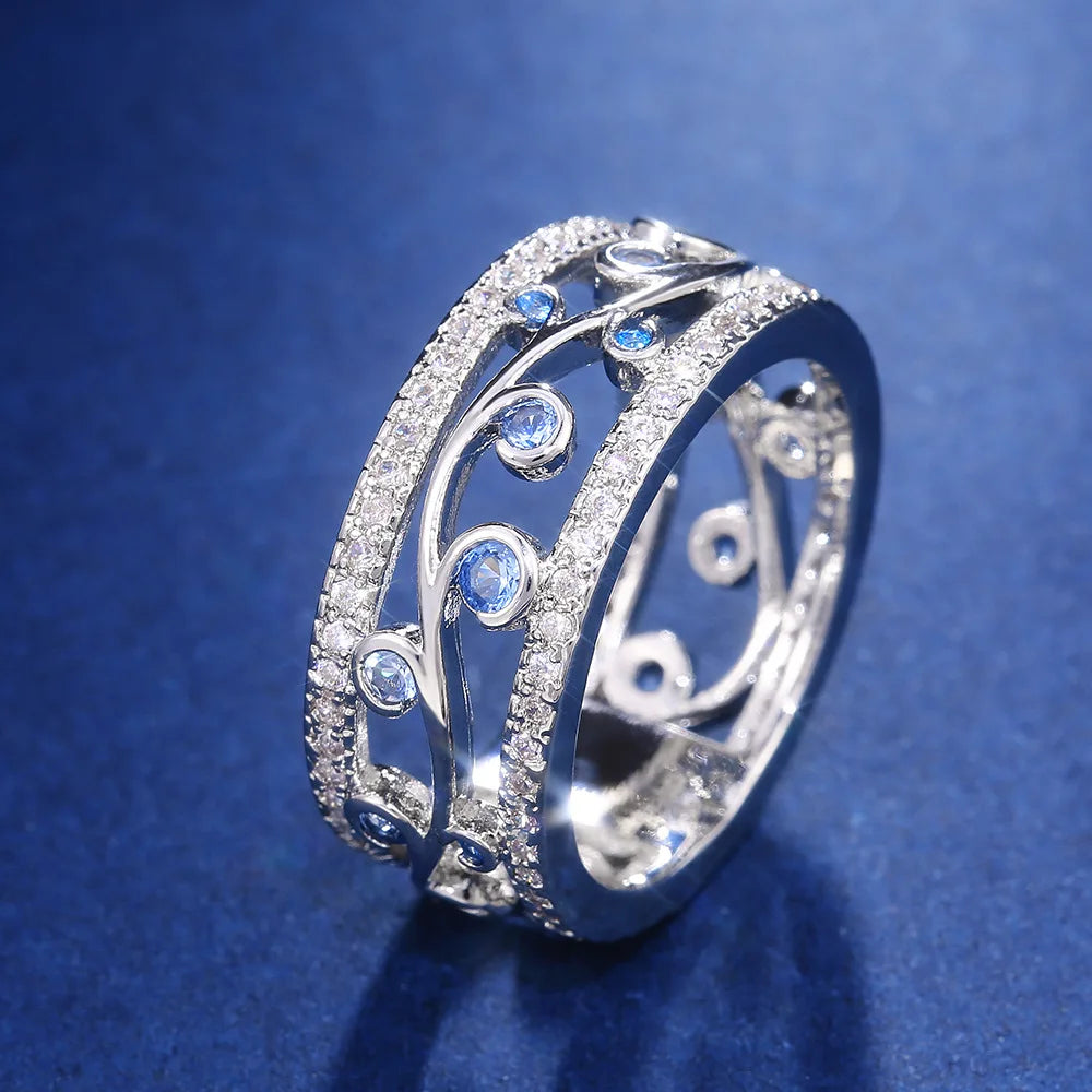 Huitan Eternity Many Dainty Sea Blue Gems Anillos Wholesale Hot Lady Girls Hollow Twisted Vines Silver Trendy Rings Women