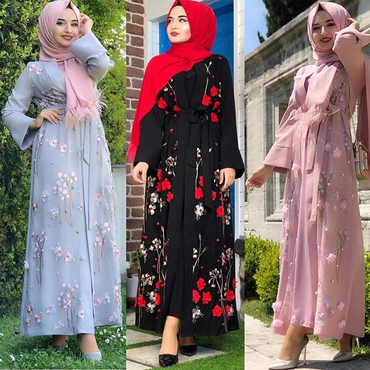 Modest Women's Fashionable Dubai Open Abaya Breathable Chiffon Elegant Flower Embroidery Traditional Muslim Clothing Accessory