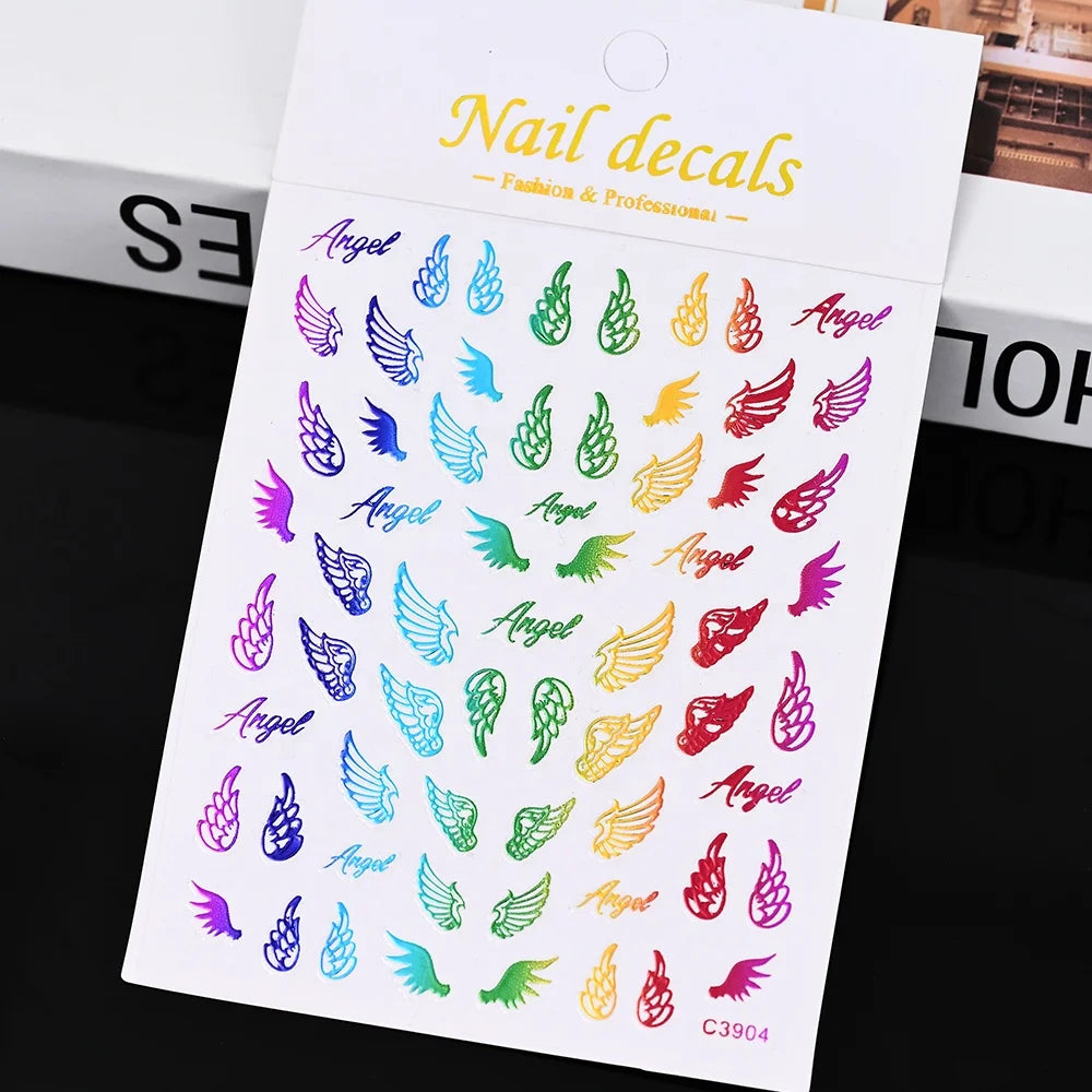 Gold Angel Wing Nails Stickers Lock Angel Sun Moon Star Decals Nail Charms 3D Adhesive Sliders Decoration Accessories Decals