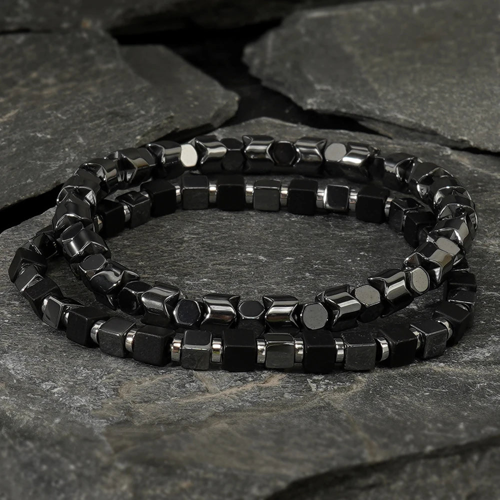 Go2boho Bohemian Men's Fashion Bracelet 2-piece Set Iron Gallstone Bead Elastic Rope Bracelet Suitable for Daily Gift Giving