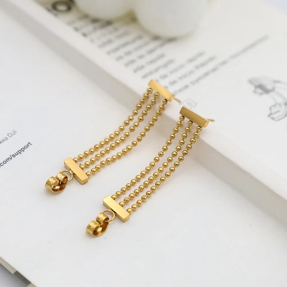 Hot Selling Women's Stainless Steel Three-Layer Round Bead Chain Tassel Earrings Stud High-Polished with Gold Plating