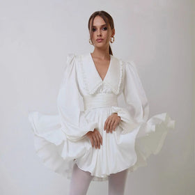 New Arrival 2024 a Line Draped Puff Long Sleeve Corset Mini Dresses Casual Woman Ladies Elegant Short White Dress for Women
