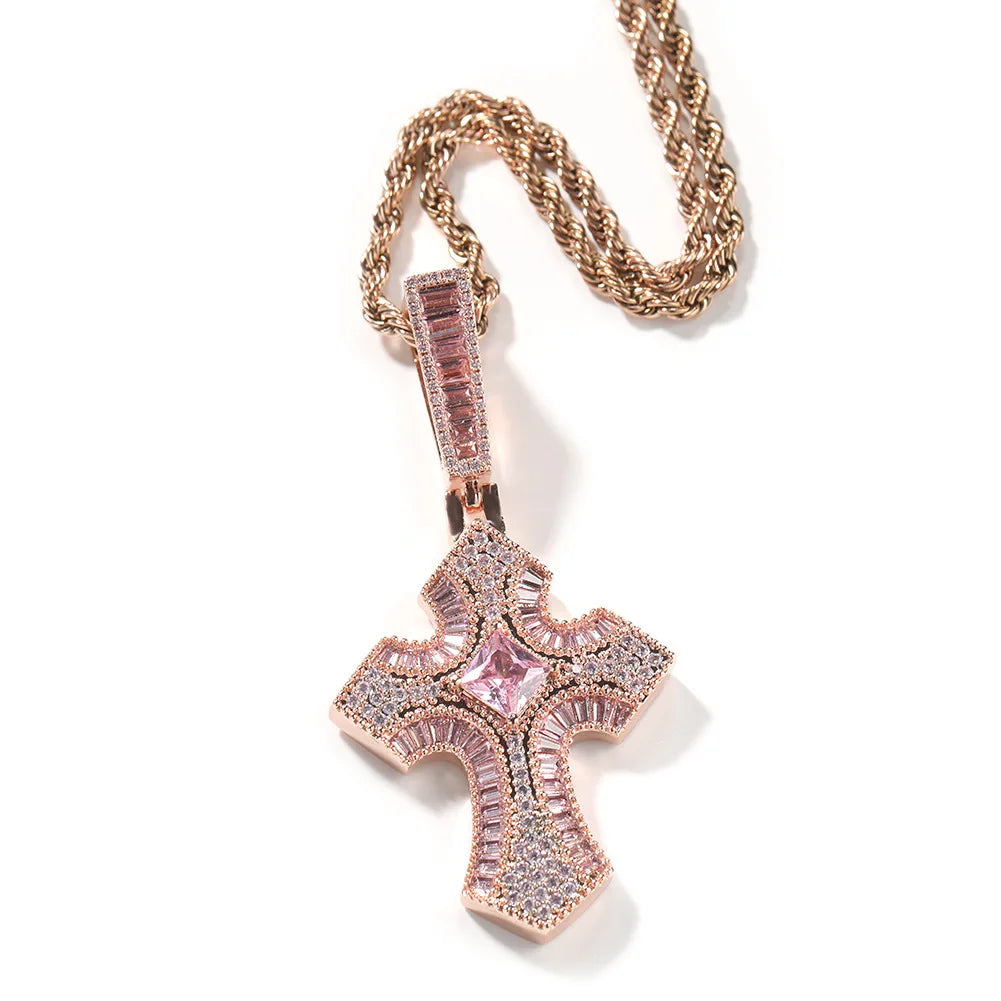 Wholesale Icy Baguette Cross Pendant Necklace Mens Jewelry Bling CZ Purple Black Mens Cross Necklace