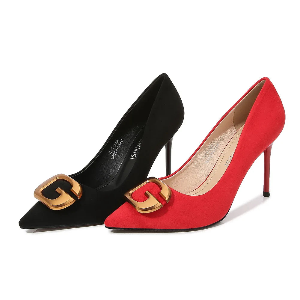 9cm Flock Stripper Elegant Pointed Toe Metal Buckle Fashion Bride Shallow Thin Heels Full Dress Womens Office Lady Models Show
